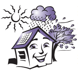 Cartoon of house surrounded by sun, rain and trees