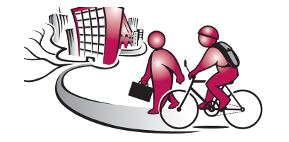 Cartoon of person on bike and walking interacting on path
