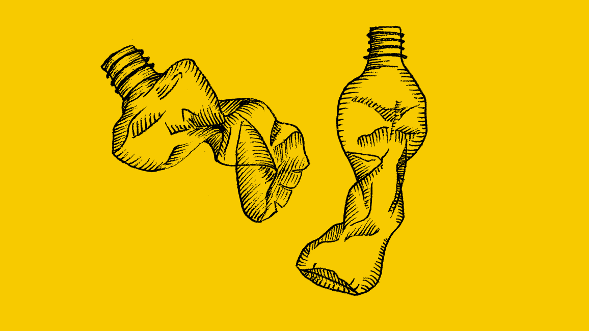 Line illustration of two crumpled plastic bottles with a yellow background