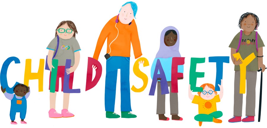 Children and young people standing around the letters 'Child Safety'
