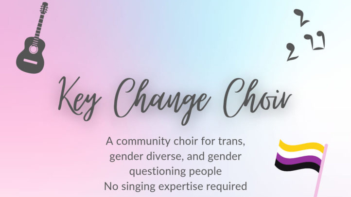 Key Change Choir poster with purple background and instruments