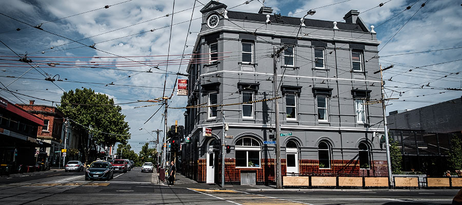Large three-story pub on street corner