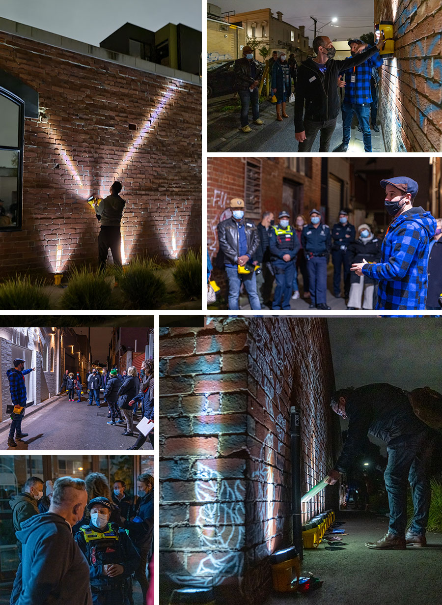 A range of photos from the night time walk, trialing Photoluminescent technology and ways lighting can effect peoples perception of safety. 