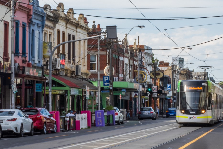 Shops and a tram on Brunswick Street in Fitzroy 