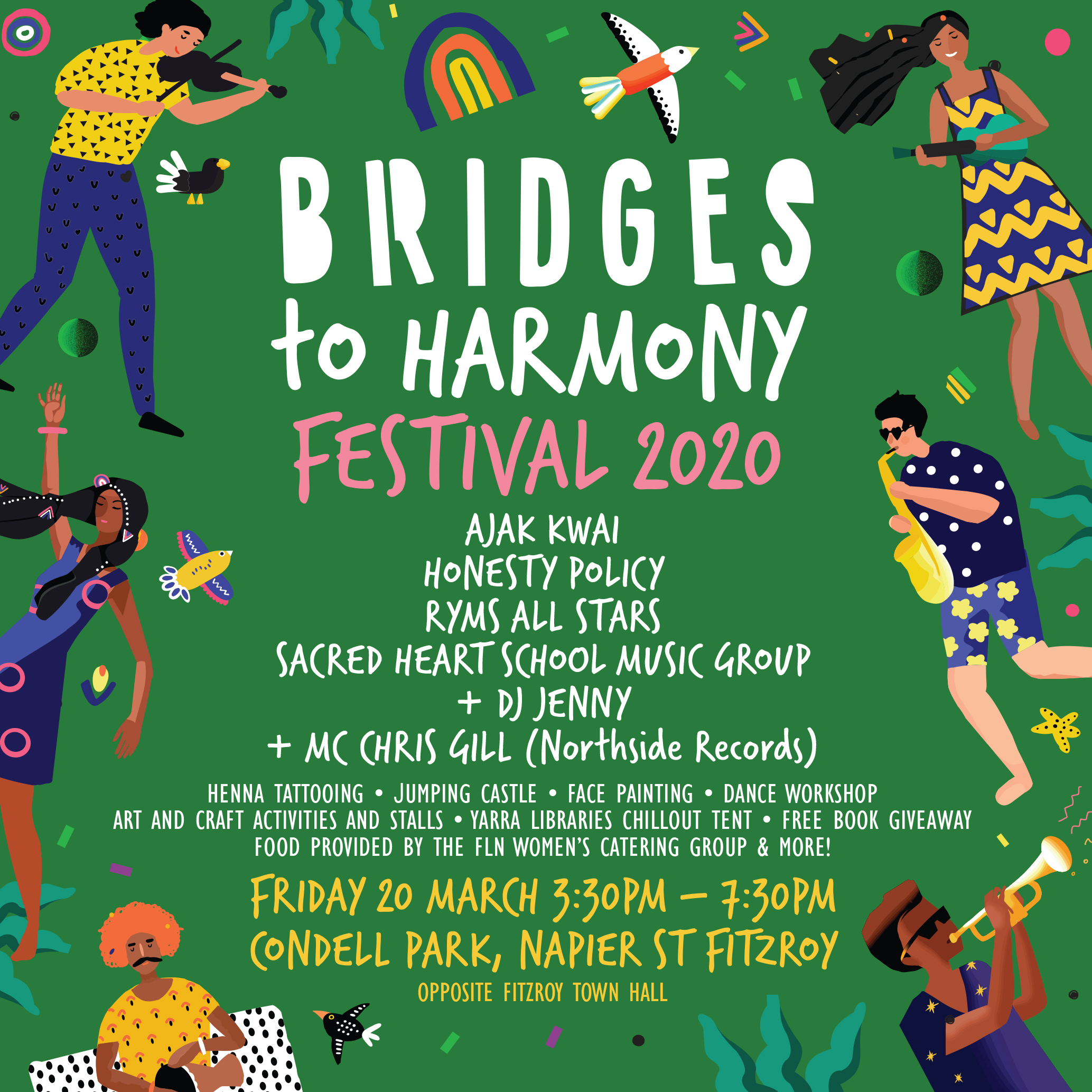 poster for bridges to harmony people on a green background