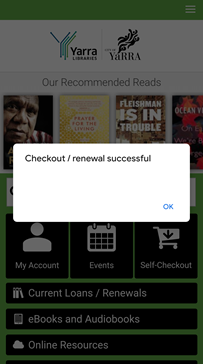 screenshot of library app showing a successful checkout