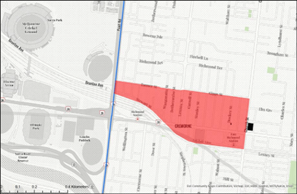 A map demonstrating the areas where public drinking is prohibited during the 2024 AFL Grand Final