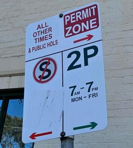 Parking sign showing Permit Zone restrictions on public holidays